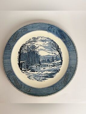 Royal Currier & Ives Getting Ice 12” Blue Transferware Chop Plate